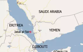 A map of Yemen and the surrounding region highlighting Jabal al-Tair in the Red Sea.