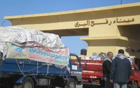 An Egyptian charity organisation's truck with medical aid  at  Rafah border gate.