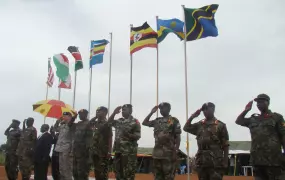 Senior army officers from five east African states and the US salute troops parading in Kitgum, northern Uganda, as as part of Natural Fire 10, a 10-day exercise aimed at boosting capacity in fighting terrorism and responding to humanitarian crises