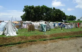 'Habitation Augustin' camp for displaced families in Léogane, Haiti, just before a tarpaulin distribution organised by ACTED on 21 May 2010