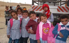 Palestinian school children gather in Khashem ad-Daraj in south Hebron. Only two families and the elementary school are connected to a water network in this Area 'C' community