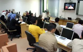 Students in the ‘smart room’ at Islamic University in Gaza City, a facility for video-conferencing with universities abroad.  Prolonged border closures have obstructed the majority of academia from participation in international, regional and even nat