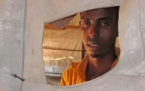 A section of one of the large tents erected to shelter Somali residents at Maratane refugee camp has been turned into a prayer space