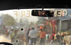 The broken windscreen of a gendarme vehicle on patrol in the Madagascan south east port town of Taolagnaro