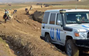 An OCHA delegation visits a cash-for-work project to build a road in Pashtun Kot District in Afghanistan’s northern Faryab Province to help people affected by drought (Jan 2012)