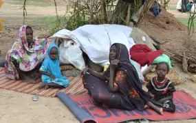 Refugee women and children who arrived on their own await pre-registration by UNHCR at Abgadam refugee camp, Chad. July 2013