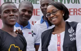 WHO's new regional director for Africa, Matshidiso Moeti (right), meets with Ebola survivors in Sierra Leone's Port Loko district.	