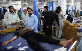 Earthquake victims at a hospital in Peshawar, Pakistan