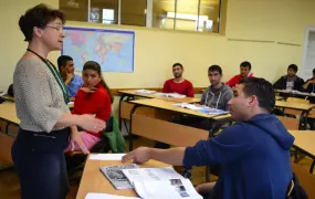 German language teacher, Marita Fischer leads an intermediate German class for refugees and asylum seekers in Pirna, Saxony