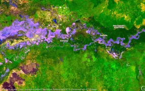 Satellite imagery of flooding in South Sudan’s Upper Nile region with violet representing water.