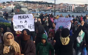 Women and girls protest conditions at the Moria reception centre on the Greek island of Lesvos on Thursday, 30 January.