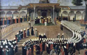 Selim III receiving dignitaries during an audience at the Gate of Felicity, Topkapı Palace.