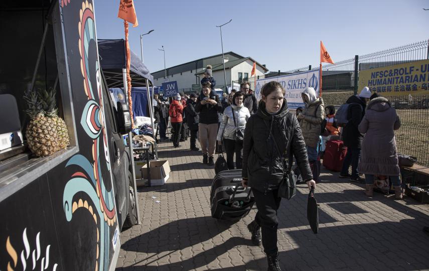 Civilian refugees continuously arrive from Ukraine at Medyka Shehyni border crossing in Poland. 