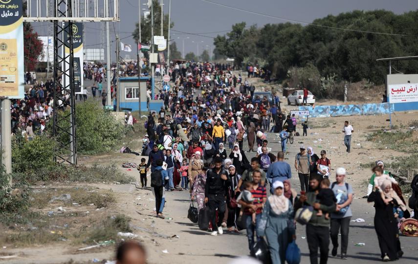 Pictured is a large group of Palestinians fleeing north Gaza walk towards the south, amid the ongoing conflict between Israel and Palestinian Islamist group Hamas, in the central Gaza Strip, 9 November, 2023.