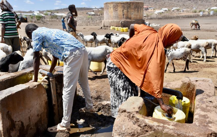 People are pictured taking water from wells.