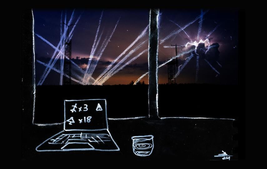 This is a mixed media image of a photograph overlayed by a hand-drawn illustration of a window and a computer next to a cup of water. 