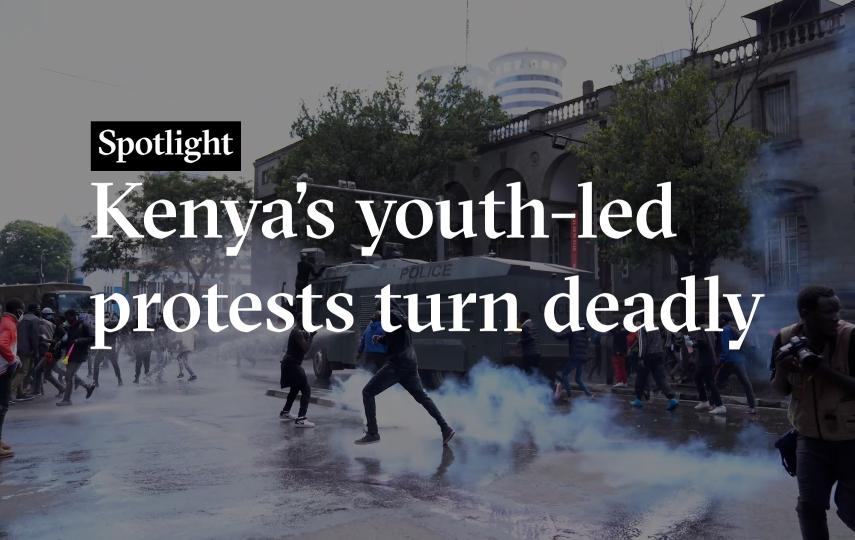 Thumbnail for a video. Text on the image says: Spotlight - Kenya's youth-led protests turn deadly.