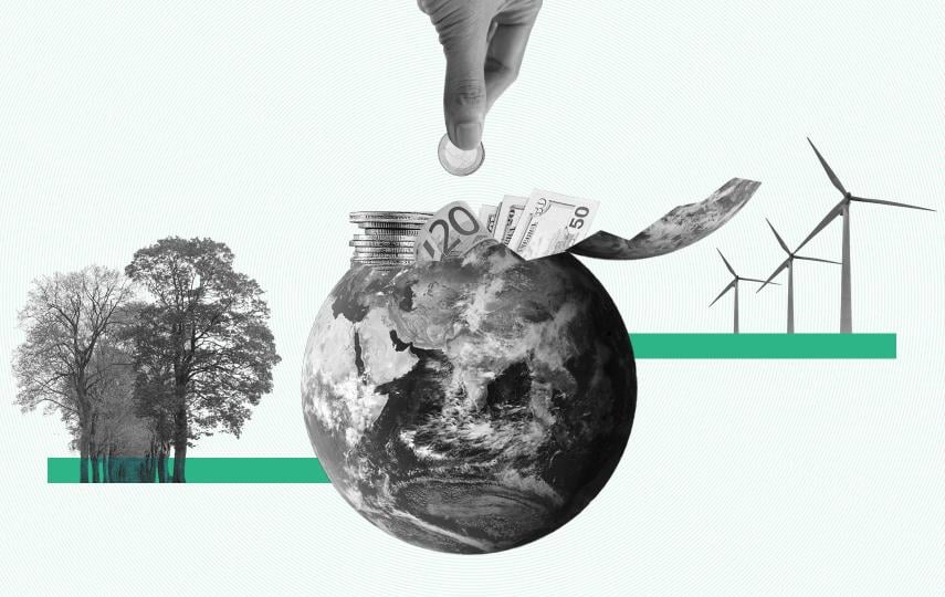 This is a header image made in the style of editorial collage. At the middle we see Earth, the top cracked open showing there are bills and coins inside. On top we see a hand depositing a coin into the Earth. On the right, we see eolic energy windmills. ON the left, are trees. All these elements are in black and white. Two long rectangles where the windmills and trees are placed are the only pop of color, in green.