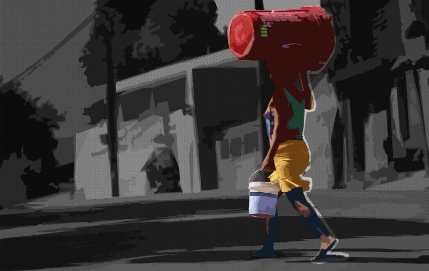 This is a stylised image of a photo showing a woman as she carries her belongings as she flees her home from gang violence, in Port-au-Prince, Haiti, October 26, 2024. 