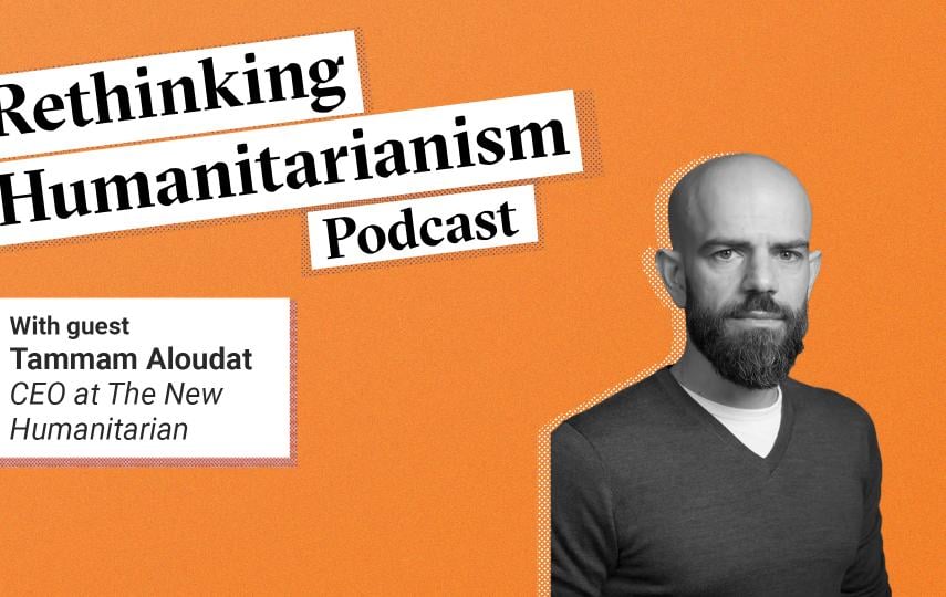This is the artwork/banner for a Rethinking Humanitarianism Podcast. The background is orange and the title "Rethinking Humanitarianism Podcast" is placed on the top left. On the bottom left we see a small square that says: With guest: Tammam Aloudat, CEO at The New Humanitarian. On the right we see a black and white portrait of Tammam Aloudat.