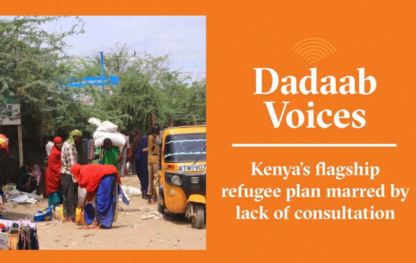 A header image showing people at a market in Dadaab, a camp of more than 380,000 refugees A market in Dadaab,. On the right, we see text that reads: Dadaab Voices - Kenya’s flagship refugee plan marred by lack of consultation