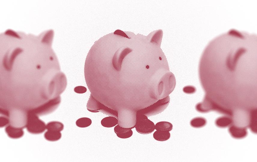 A stylised illustration of a piggy bank replicated three times. Overlayed is a halftone pattern.