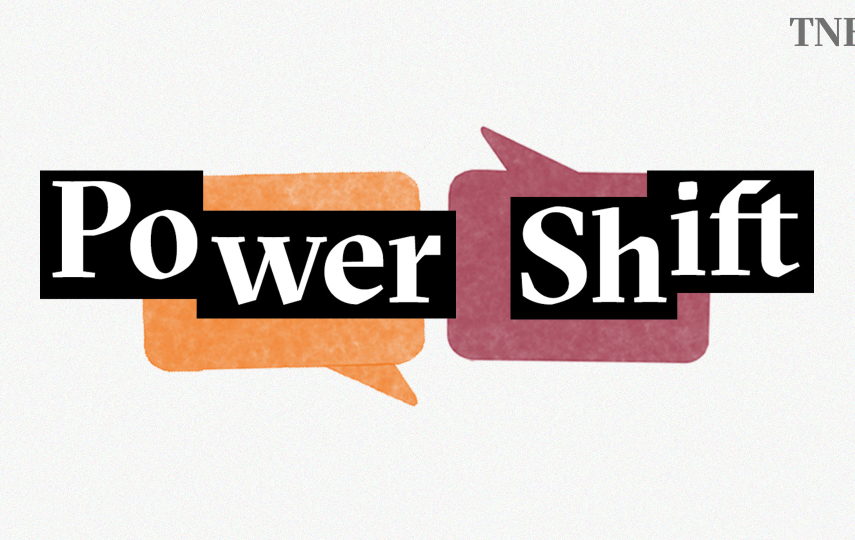 This is a graphic showing the title of a new podcast show: Power Shift. The words are placed over two conversation bubbles, a orange and a red one. 