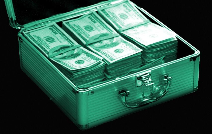 A metallic briefcase with a sturdy handle and reinforced edges is open, revealing stacks of U.S. $100 bills neatly arranged inside. The image has a green-tinted, high-contrast effect with a halftone pattern overlay, giving it a stylized, digital appearance. The background is dark, making the briefcase and money stand out prominently.