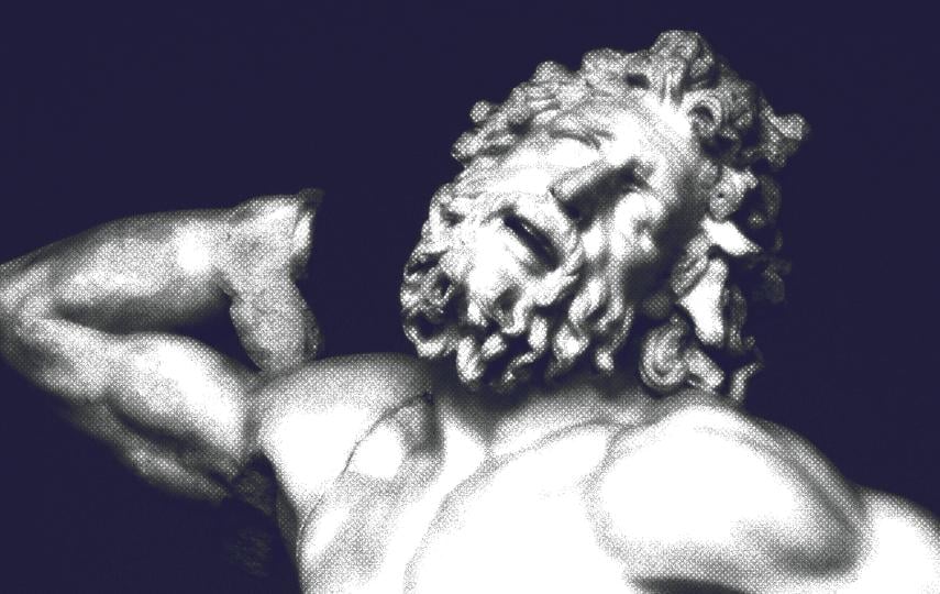 A digitally stylized image of a classical marble sculpture featuring a muscular male figure in a dramatic, contorted pose. The figure's head tilts back with a pained or anguished expression, eyes partially closed, and mouth slightly open. The image is rendered in high contrast with a halftone effect, giving it a textured, pop-art quality. The background is a deep, solid navy blue.