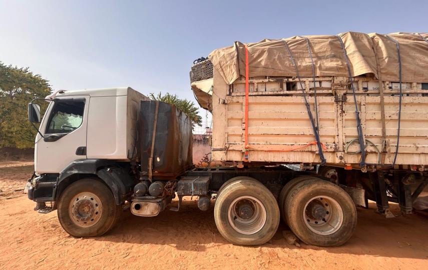 A stationary truck carrying relief supplies in Darfur. 