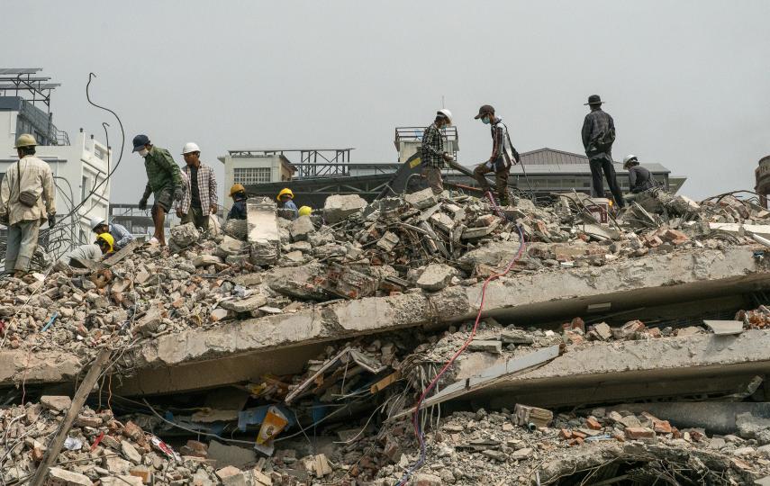 A view of the damaged buildings and ongoing debris cleanup efforts aftermath of a powerful 7.7 magnitude earthquake that struck central Myanmar late last month, leaving a trail of destruction across the region, on April 08, 2025. 