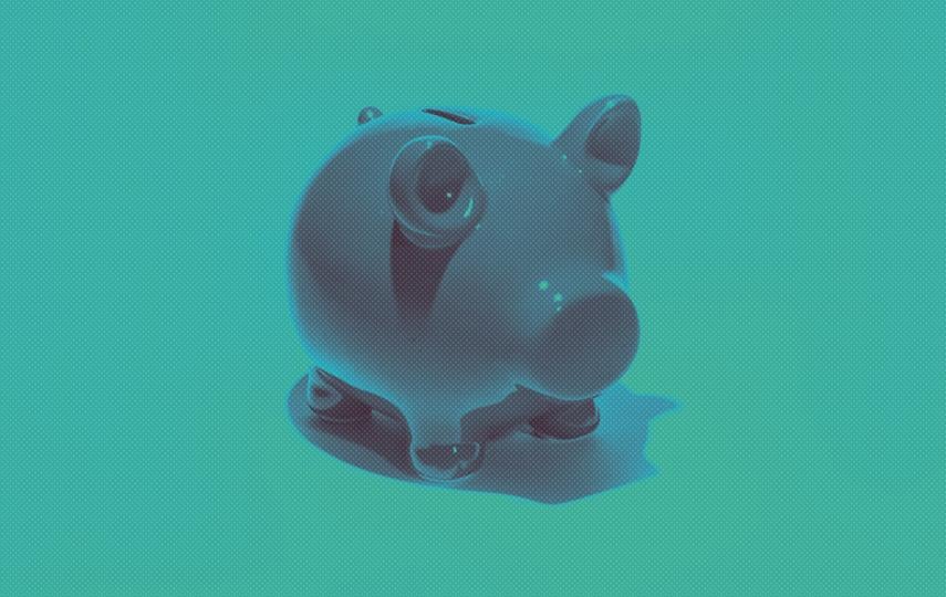 A photo of a piggy bank with a green to blue gradient overlay.
