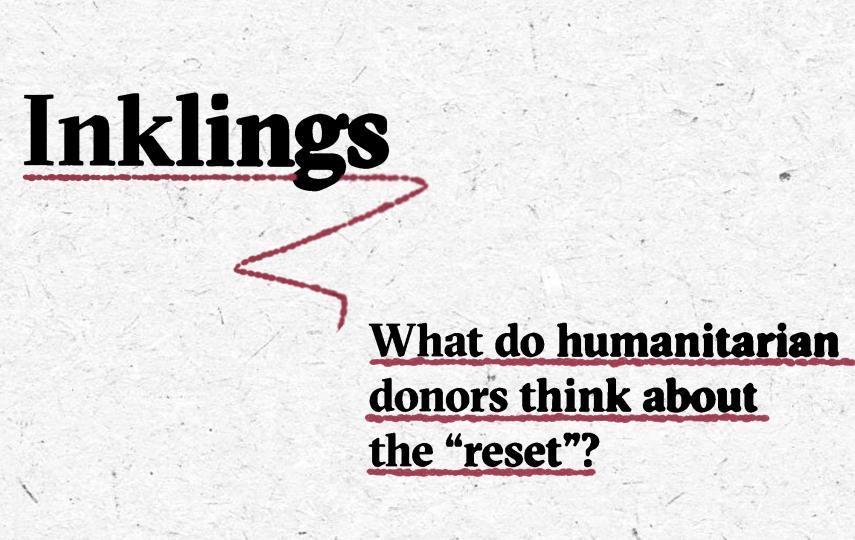 A textured white background features the title “Inklings” in large, bold black serif font at the top left. Underneath "Inklings" is a red underline. Below and to the right, in smaller black bold text with red dotted underlines, it reads: What do humanitarian donors think about the “reset”?