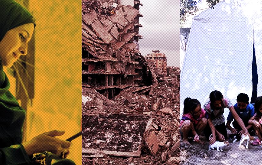 A collage showing: On the left, Raasha Abou Jalal looking at her phone, in the centre, a photo of rubble in Gaza, on the right her children playing with kittens.