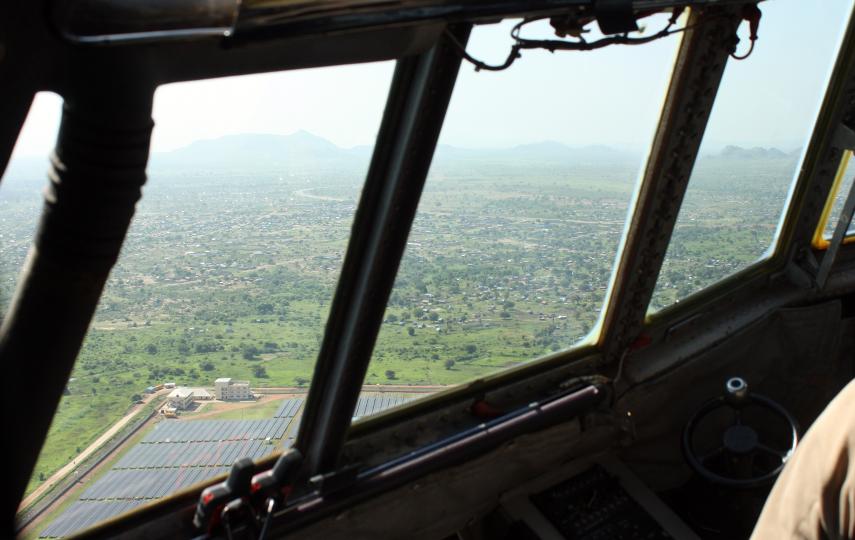 The outskirts of Juba, South Sudan’s capital, seen from a plane en route to deliver food to the town of Nasir on 9 June 2025. 