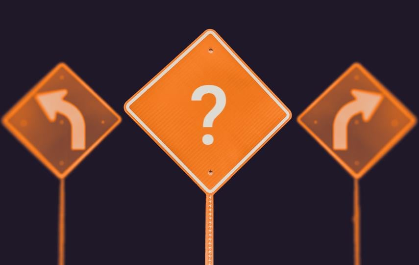 An illustration features three orange diamond-shaped road signs against a dark background. The left sign shows a left curve arrow, the right sign shows a right curve arrow, and the center sign displays a large white question mark.