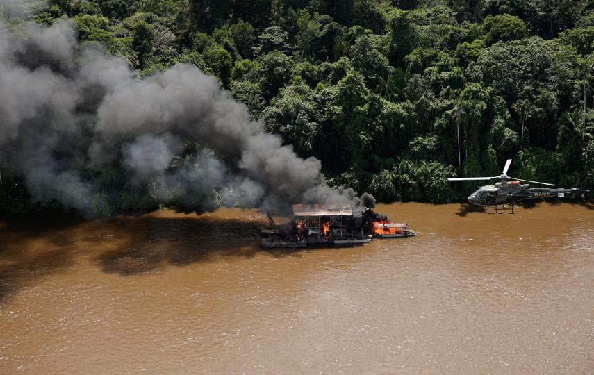An illegal mining dredger is seen after being destroyed during an operation by Federal Police on the Japura River, near the Vale do Javari Indigenous Land, Amazonas state, Brazil June 19, 2024.