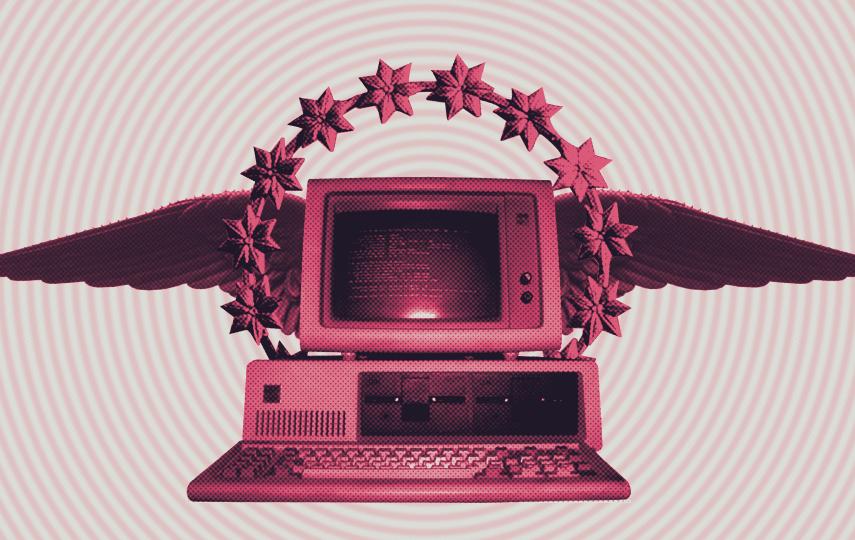 An editorial collage illustration of a vintage desktop computer with a keyboard and monitor in the center. The computer has large wings extending outward from behind it, and a semicircle of eight-pointed stars arching above the monitor. The design is rendered in shades of red and pink with a halftone texture, set against a background of concentric circular lines.