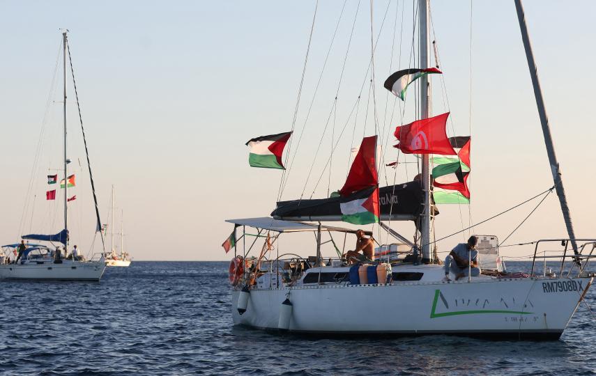 Boats, part of the Global Sumud Flotilla aiming to reach Gaza and break Israel's naval blockade, sail off Koufonisi islet, Greece, on 26 September 2025.