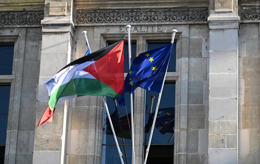 Olivier Faure, First Secretary of the Socialist Party in Saint Denis, for the decoration of the town hall in the colors of Palestine, at the initiative of Mathieu Hanotin, mayor of the town.
