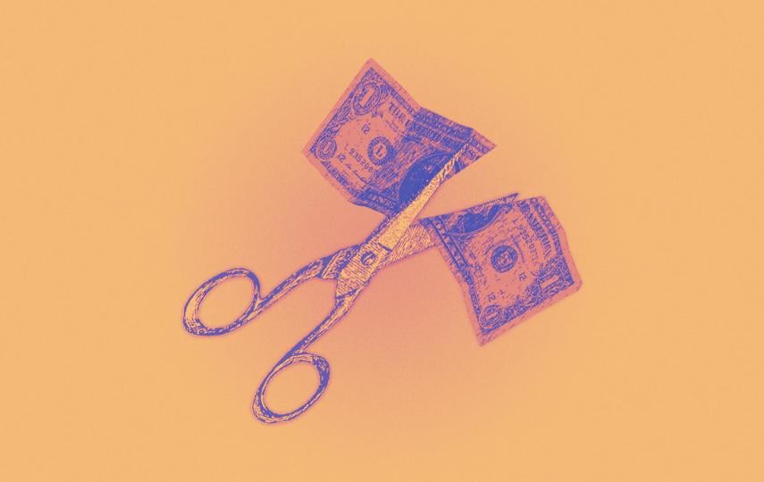 A stylized illustration shows a pair of scissors cutting a U.S. one-dollar bill in half. The scissors and bill are rendered in a textured, sketch-like style with purple and blue tones against a solid orange background.