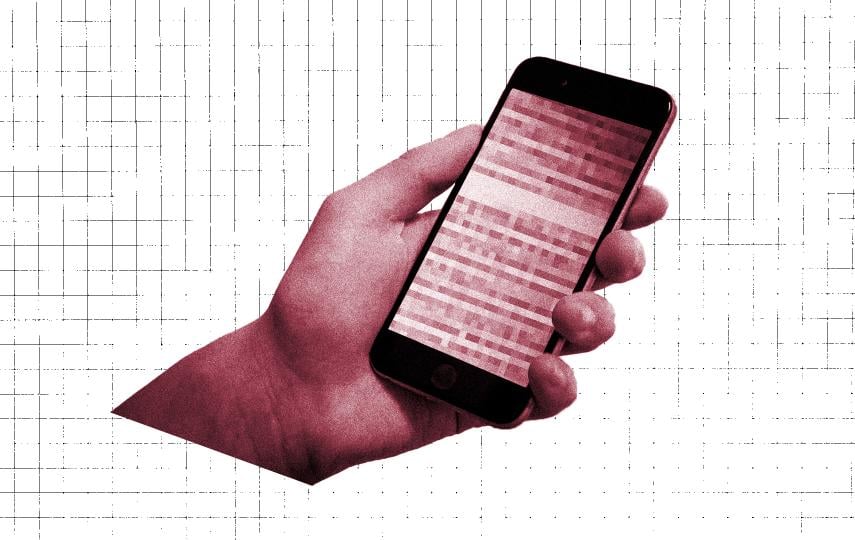 A hand holds a smartphone with a pixelated screen, tinted red, against a white grid-patterned background.