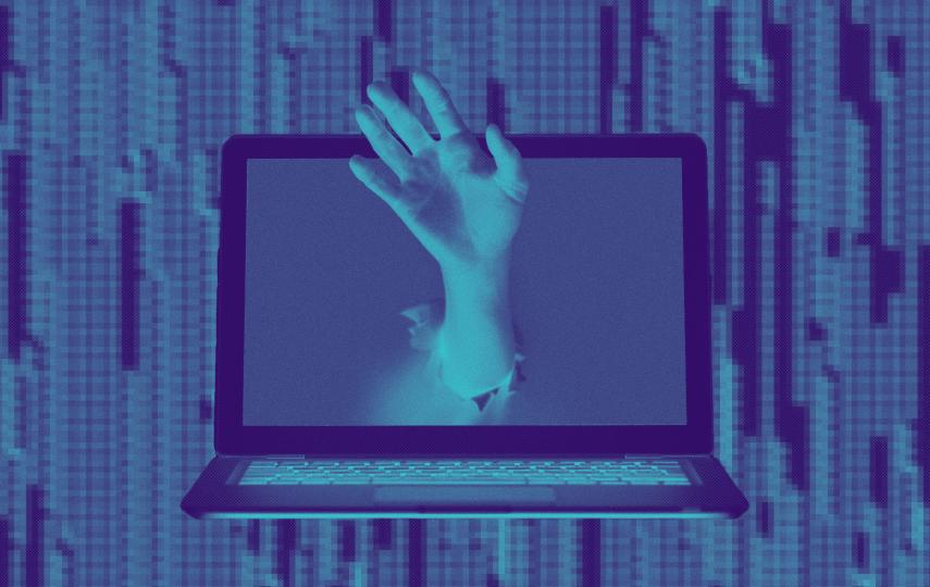 A blue-toned digital illustration in the style of editorial collage of a laptop with its screen open. From the screen, a human hand reaches outward toward the viewer, as if breaking through the display. The background consists of a pixelated, vertical striped pattern resembling digital code or data streams.