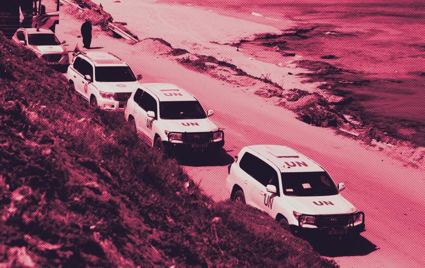 The image is edited in a red duotone halftone style, giving it a high-contrast, textured look. The scene shows UN and WHO aid trucks waiting for Israel’s permission to enter Gaza Valley on April 25, 2024, to head north via Rashid Street.