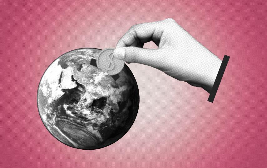 A composite image done in the editorial collage style showing a hand putting a coin inside Earth as if it were a piggy bank.