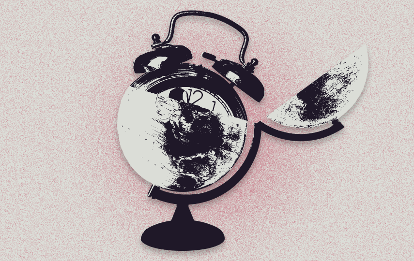 A stylised image showing a globe where the top part has been cut and open to show an alarm clock. 