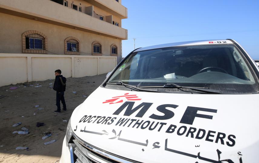 An MSF building in the al-Mawasi area of the southern Gaza Strip after it was hit by Israeli tank fire in February 2024.
