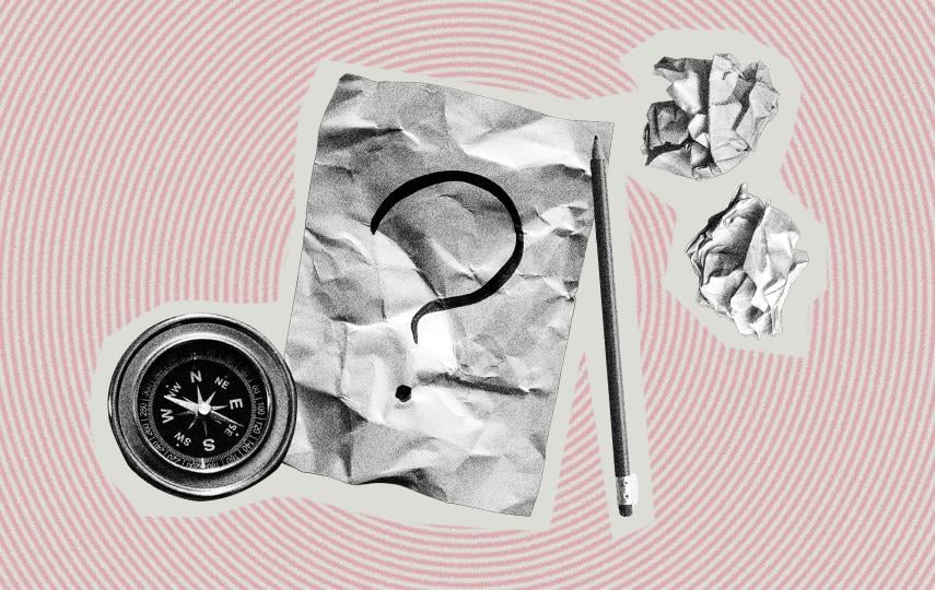A collage image showing a crumpled piece of paper with a question mark at the centre. On the right side of that sheet of paper is a pencil slightly tilted to the left. On the top right corner are two balls of crumpled paper. On the bottom left of the sheet of paper is a compass. The background of this collage is of concentric circles.
