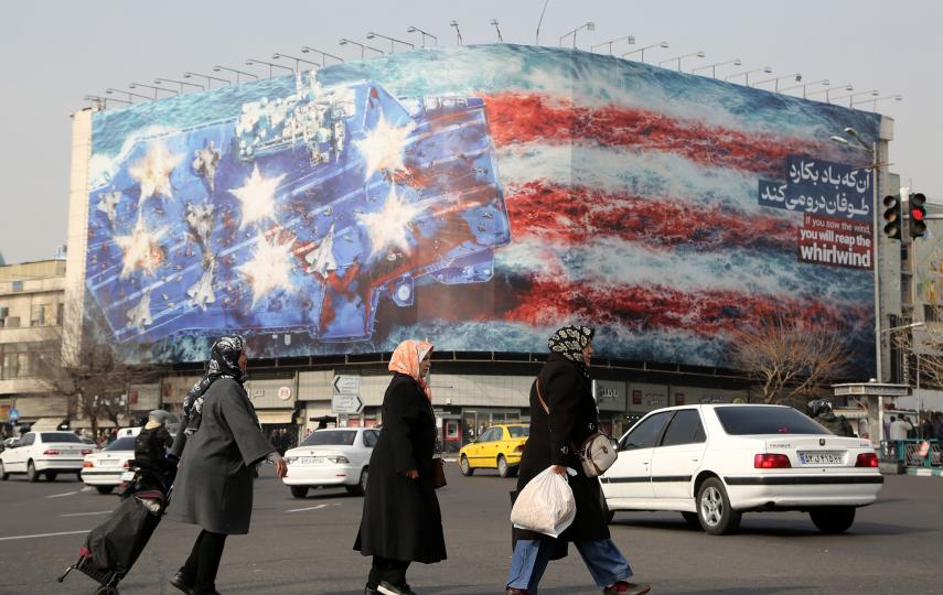 A giant banner depicting a U.S. aircraft carrier and the American flag was displayed at Enqelab (Revolution) Square in Tehran, Iran amid rising tensions between the United States and Iran on January 25, 2026.