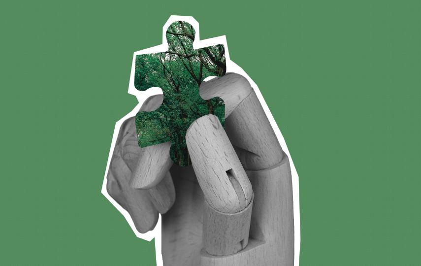 A wooden hand holding a puzzle piece. The puzzle piece has a forest in it.